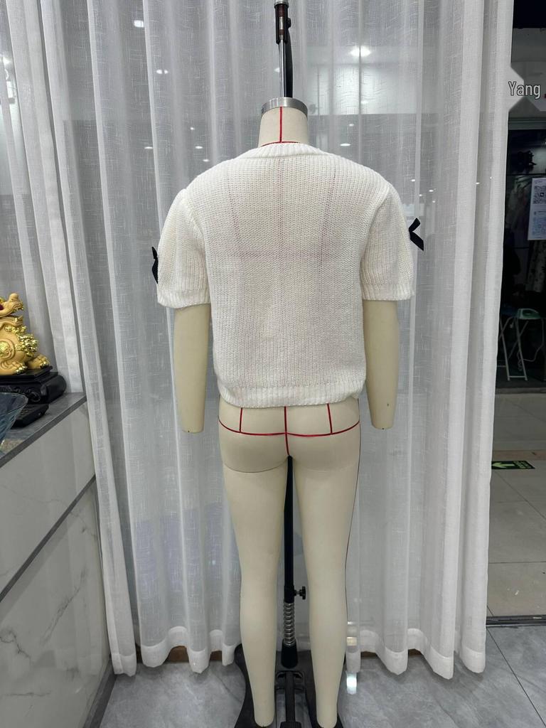 2025 Весна/Лето Женский Повседневный Однотонный Свитер с Круглым Вырезом и Коротким Рукавом-Фонариком