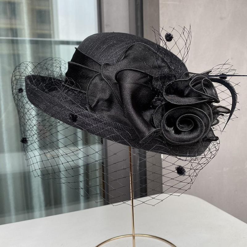 European and American temperament linen flower elegant banquet top hat spring and autumn solid color curled sun hat women's outdoor sunscreen basin h
