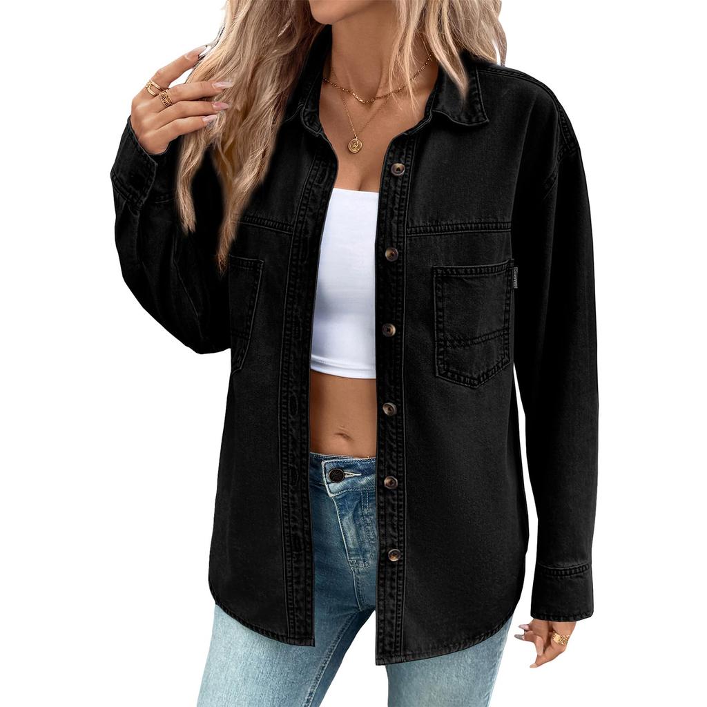 Women's Fashion Washed Vintage Denim Pocket Long Sleeve Shirt Tops Women