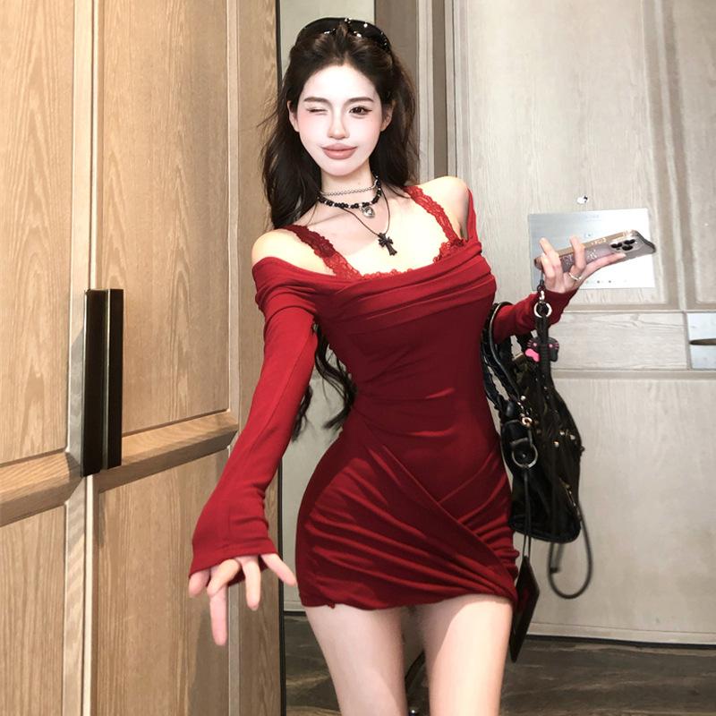 Pure Desire Spice Girl Design Sense Splicing Lace Skinny Dress Women