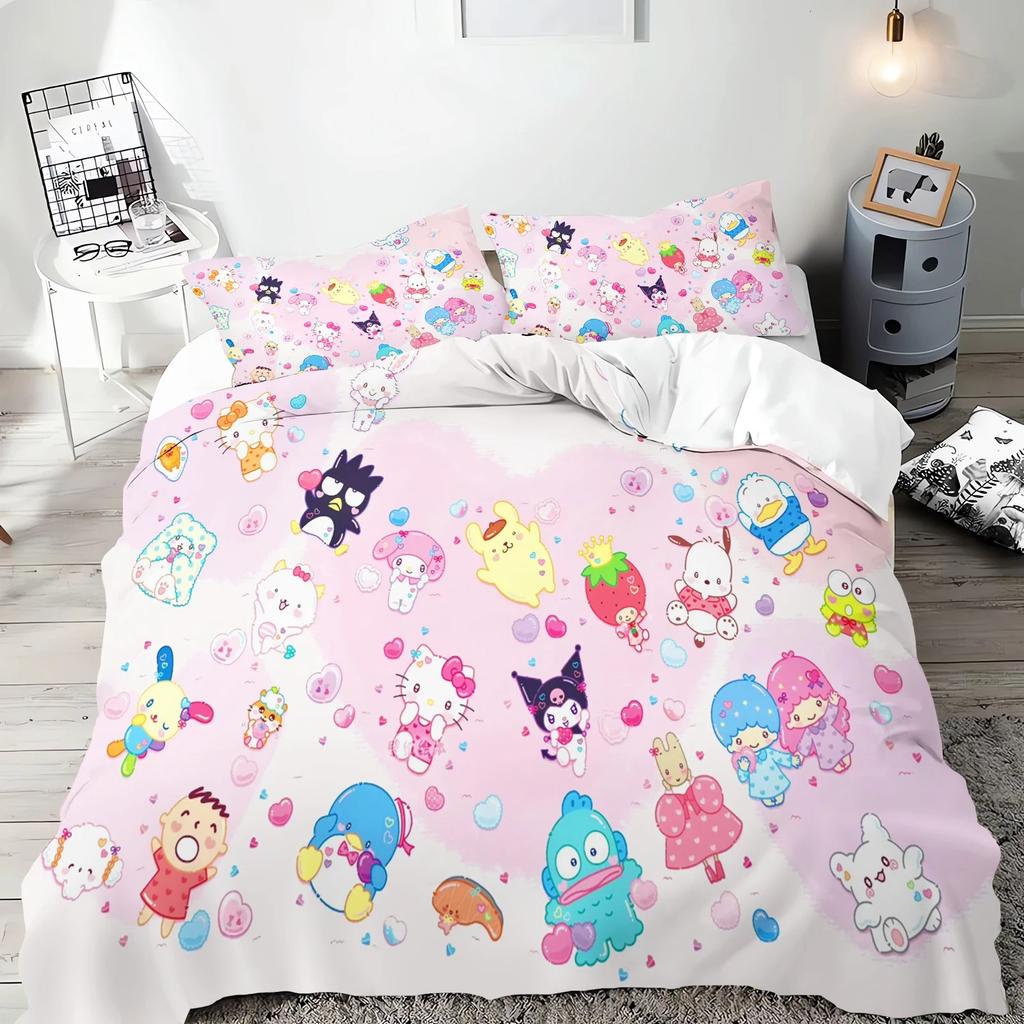 Sanrio Bedding Sets Hello Kitty Kuromi Cinnamoroll Comforter Bed Cover Duvet Cover Pillow Case 2-3 Pieces Sets Kids Adult Size