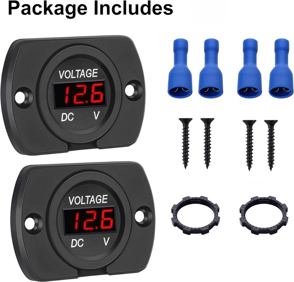 2 Pack DC 12V 24V Waterproof Car Voltmeter LED Digital Display Panel, Round Voltage Gauge with Terminals for Car/Motorcycle/Travel Trailer/Truck/Boat