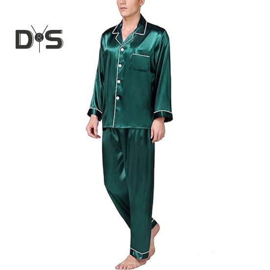 2 шт./компл. Шелковый атласный мужской пижамный комплект с пуговицами, длинными рукавами, верхом из пижамы с воротником-стойкой, пуговицами спереди, нагрудным карманом, длинными штанами, одежда для сна