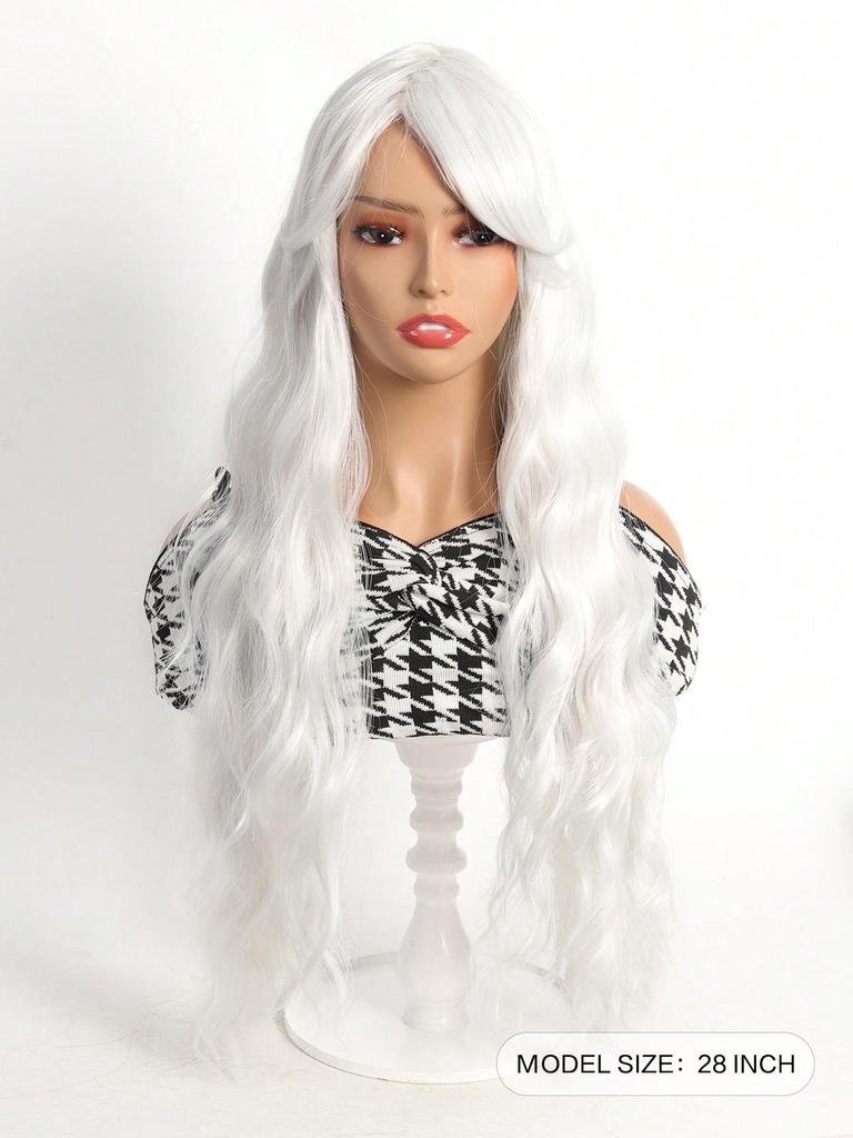 White Long Wig for Women 28 Inch Curly Wig Wavy Bangs Wig for Cosplay Party Halloween Christmas Daily Use