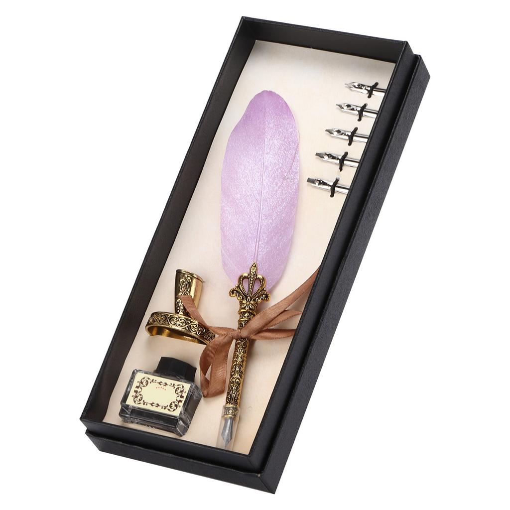 Feather Pen Set Vintage Ink Carved Metal Pen Writing Suit for Business Gift Table DecorationSky