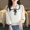 Ice Silk Top Women's Autumn New Knitted Bottoming Shirt Season Doll Collar Splicing Shirt