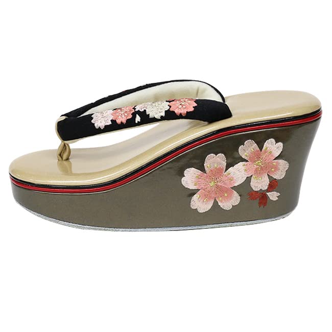 Cherry Thick Graduation Black [kimonocafe] Long-sleeved Kimono, Sandals, Heels, Blossoms, Embroidered, Sole, Pain-free, Coming-of-age Ceremony,