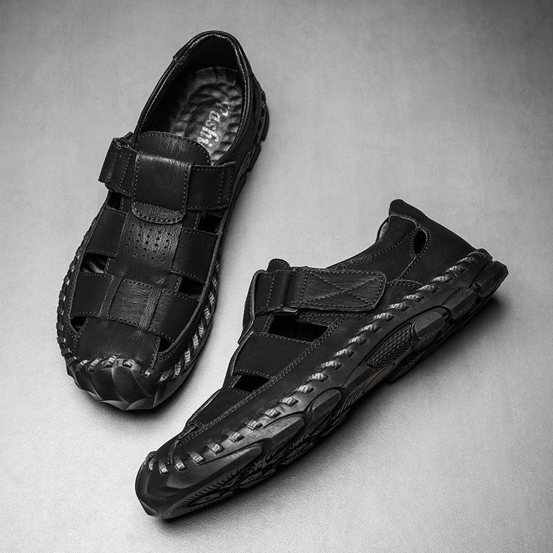 Plus Size Hand Stitching Men Genuine Leather Hollow Out Beach Sandals