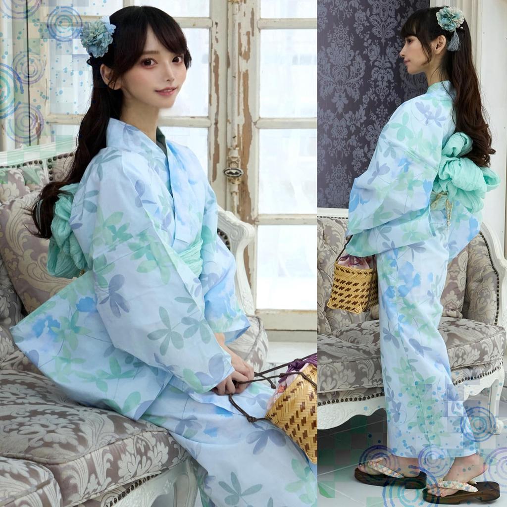 RAVIR Yukata Light Blue with Abstract Floral Fluffy Obi and Geta One Size Fits All Women's 3-Piece Set, Pattern, Belt, Sandals,