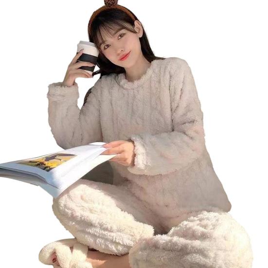 Комплект из 2 предметов унисекс, зимняя пижама, круглый вырез, однотонный утолщенный коралловый флис, домашняя одежда, топ, штаны, комплект, свободная домашняя одежда, комплект для сна для пары