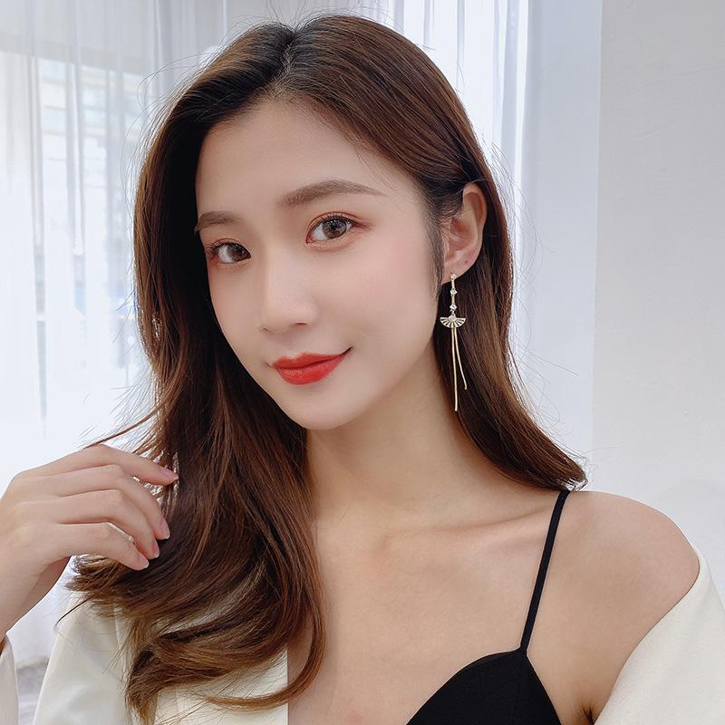 Новые корейские модные серьги женские асимметричные темпераментные длинные серьги-иглы из серебра 925 пробы с цирконами веерообразные серьги с бахромой