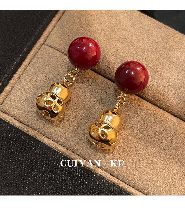 Серьги-гвоздики Cui Yan из стерлингового серебра S925 в китайском стиле с красным киноварью в форме тыквы для женщин - Новогоднее издание