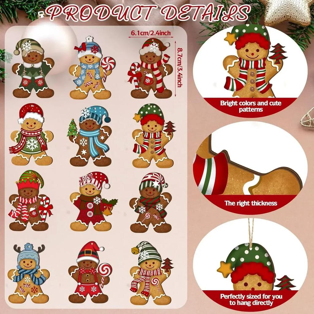 12/24pcs Gingerbread Man Ornaments Christmas Tree Wooden Hanging Decorations Pendants Cute Cartoon Xmas DIY Hangings Home Decor