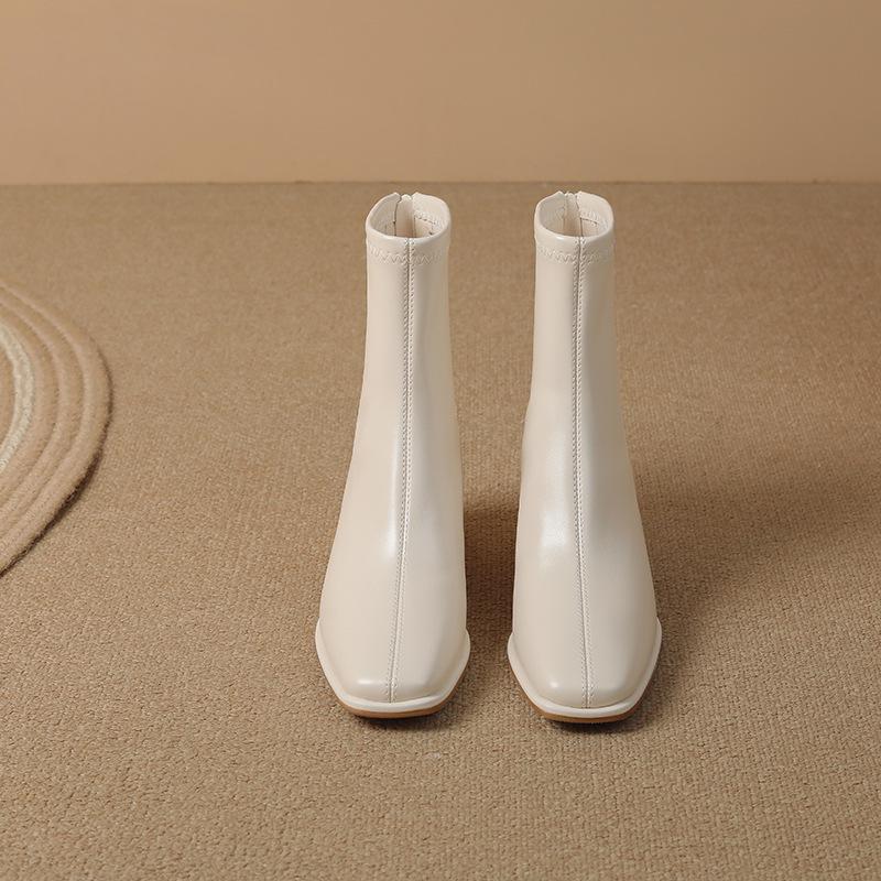 Толстый каблук квадратный носок тонкие ботинки женские средней длины модные простые темпераментные задняя молния осень и зима новые французские из мягкой кожи ботинки Мартин