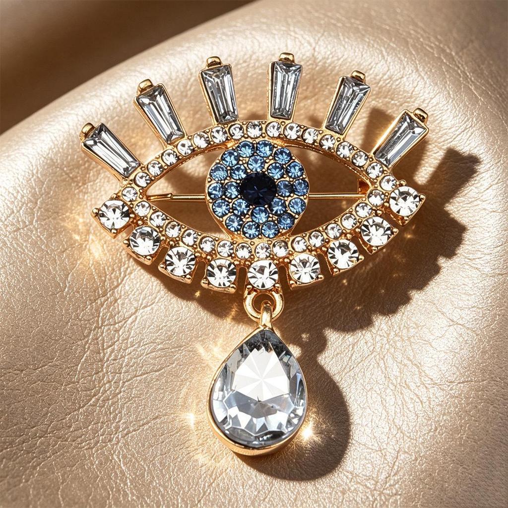 Korean Luxury Blue Diamond Eye Brooch with Rhinestones