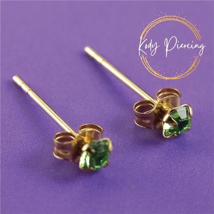 Серьги с драгоценными камнями для пирсинга из цельного 9-каратного золота - драгоценный камень в наборе: Зеленый круглый кристалл 3мм
