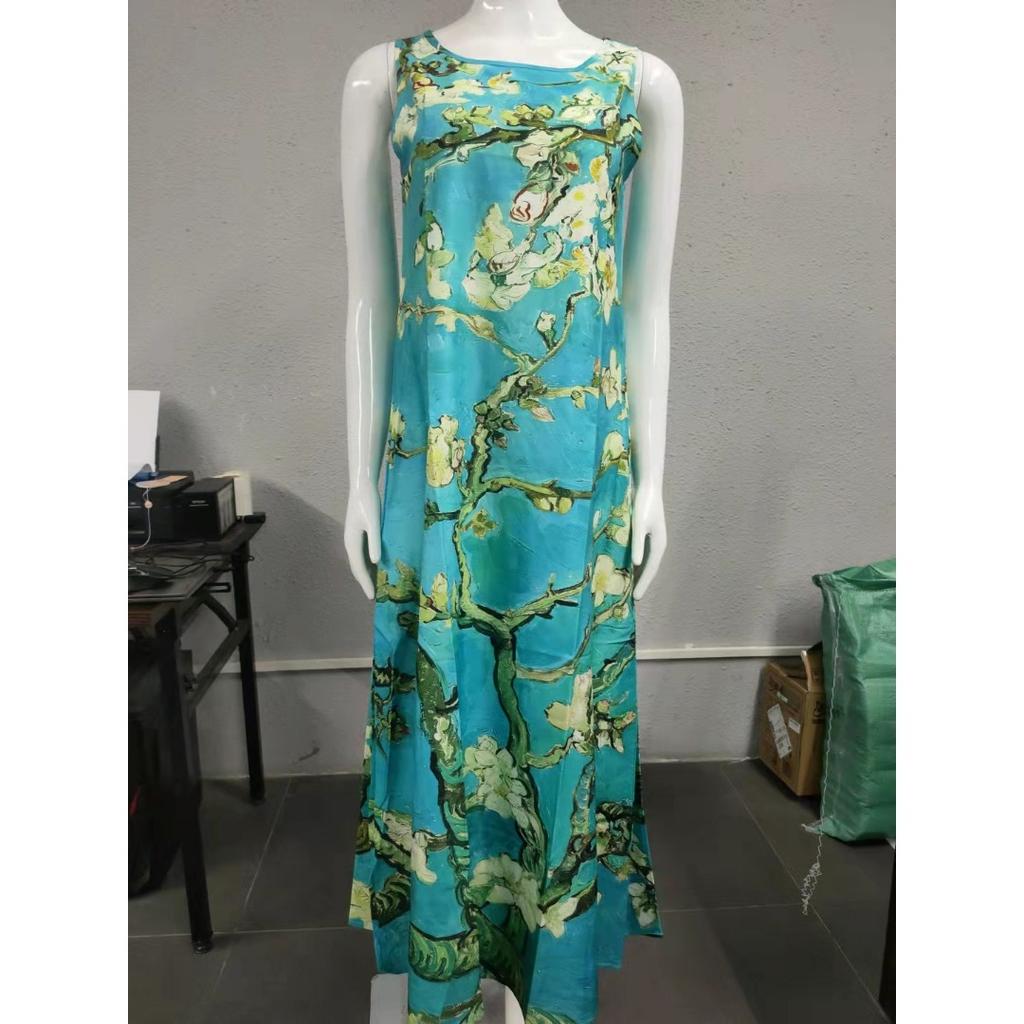 GMXIA Summer Positioning Flower Round Neck Sleeveless Loose Print Dress Long Skirt Women