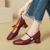 French Mary Jane Shoes Women's Middle Heel New Burgundy Light Mouth Square Head Single Shoes Retro Word with Thick Heel High Heels