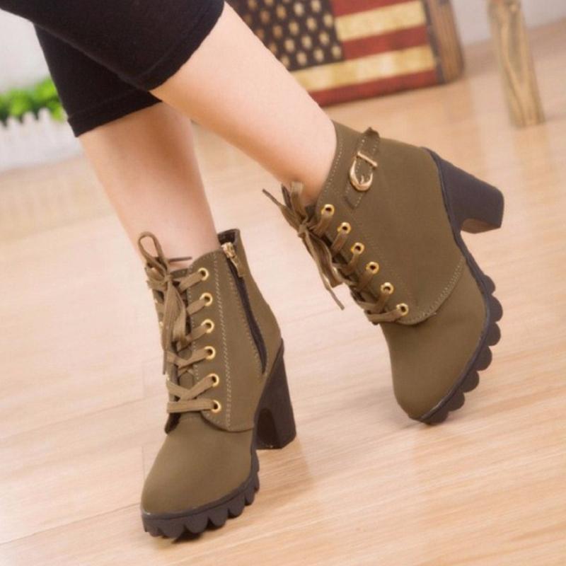 Новинка 2024 года: весенне-зимние женские туфли-лодочки, ботинки высокого качества, европейская женская обувь на шнуровке, ботинки из искусственной кожи на высоком каблуке