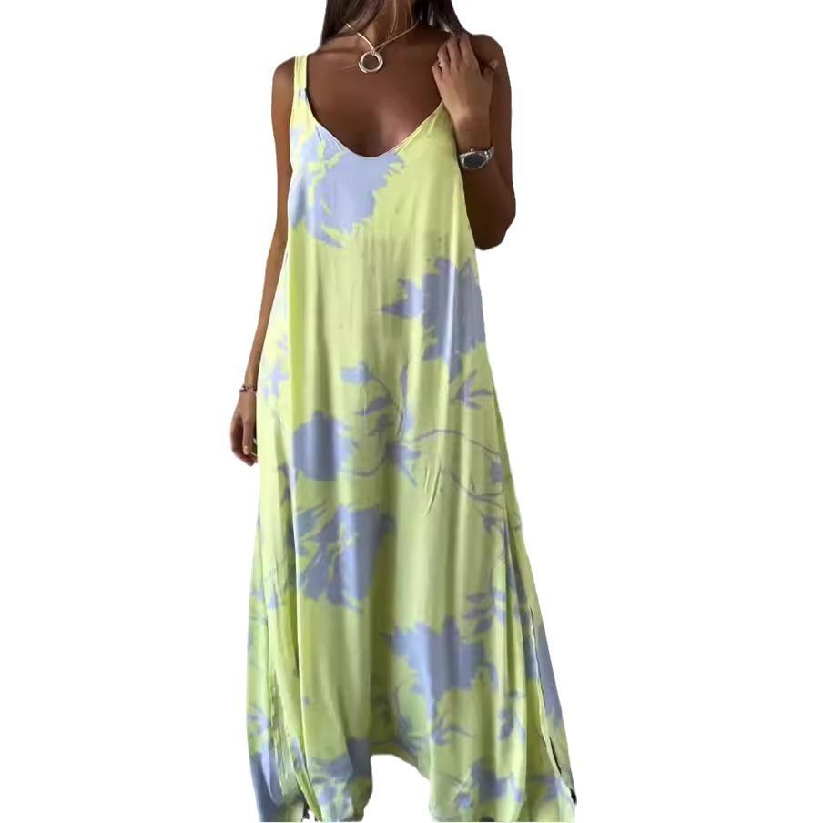 Женское летнее повседневное свободное длинное платье без рукавов с принтом на подтяжках