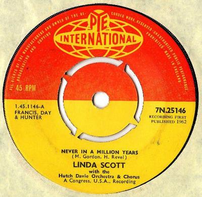 7-дюймовая пластинка LINDA SCOTT  Never In A Million Years 7N25146 Pye Internation 1962 UK Rock Б/У