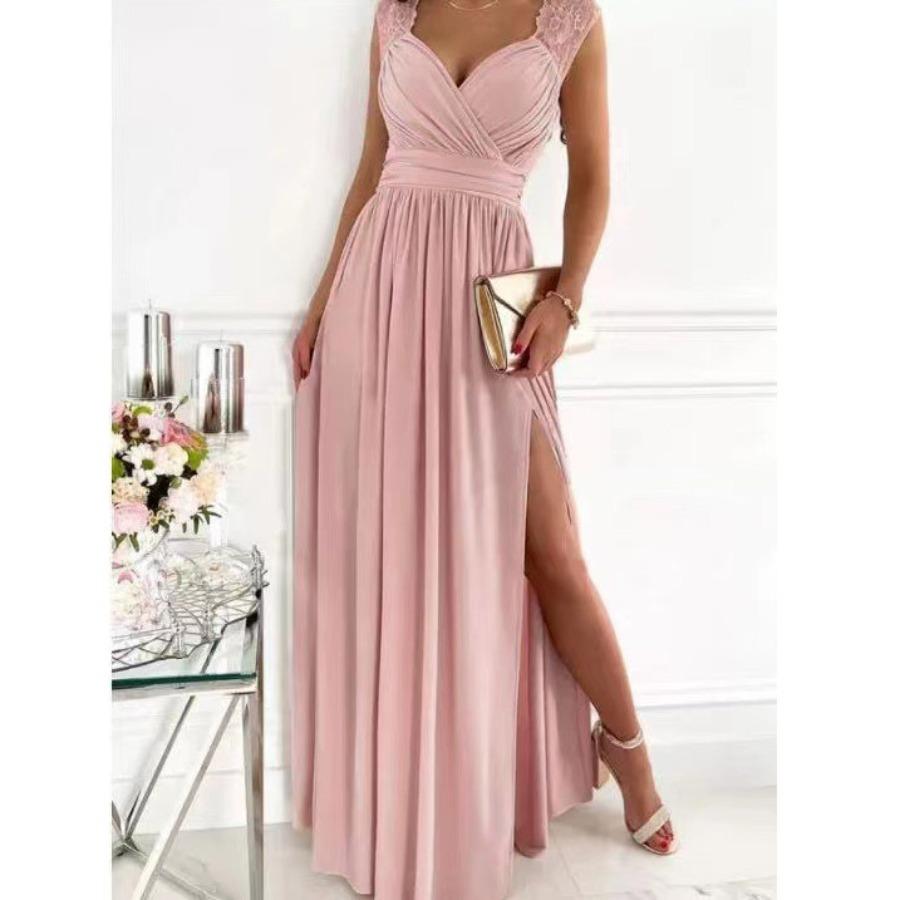 Spring Autumn Fashion Sexy Elegant Lace Patchwork Long Dress Women V Neck Solid Split Maxi Dresses