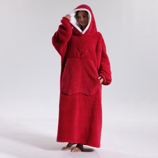 Winter Wearable Blanket Bathrobe with Big Pocket Thick Double-sided Fleece Loose Long Sleeves Pajamas Heat Retention Full Protection Home Lazy