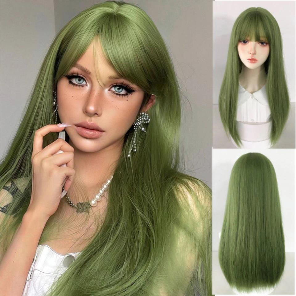 WTB Fruit Green Straight Hair Synthetic Wig Headgear Female Green Straight Hair Natural High Temperature Silk Wig Headgear