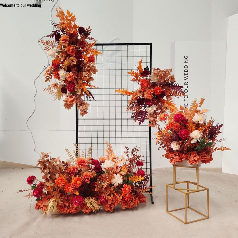 Red Floral Wedding Stage Backdrop with Artificial Flower Rows