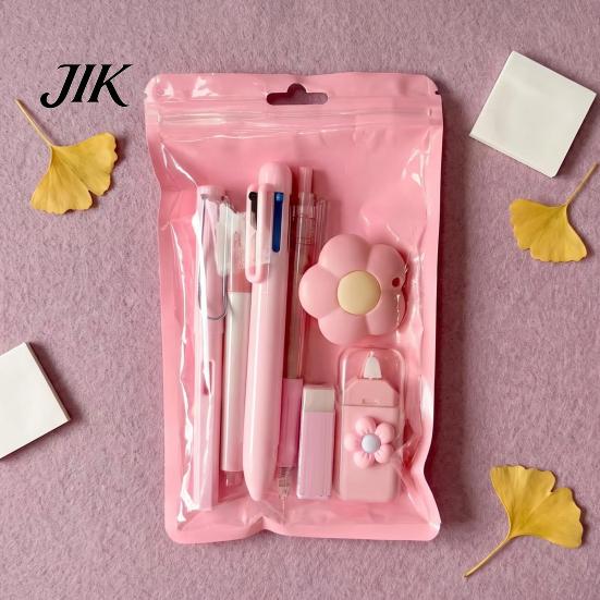 Primary Secondary School Stationery 7PCS Set, Macaron Color Gel Pens/Correction Tape/Cutter/Eraser Include, Learning Supplies Portable Kit with