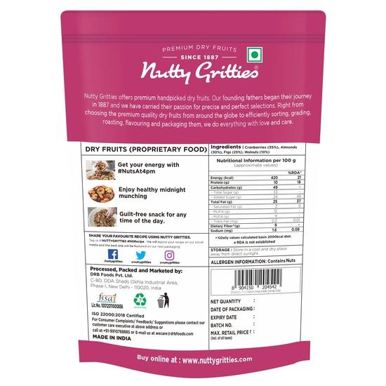 Смесь орехов и сухофруктов Nutty Gritties 200г - Миндаль из Калифорнии, Грецкие орехи, Инжир и Клюква, Здоровые закуски для детей и взрослых