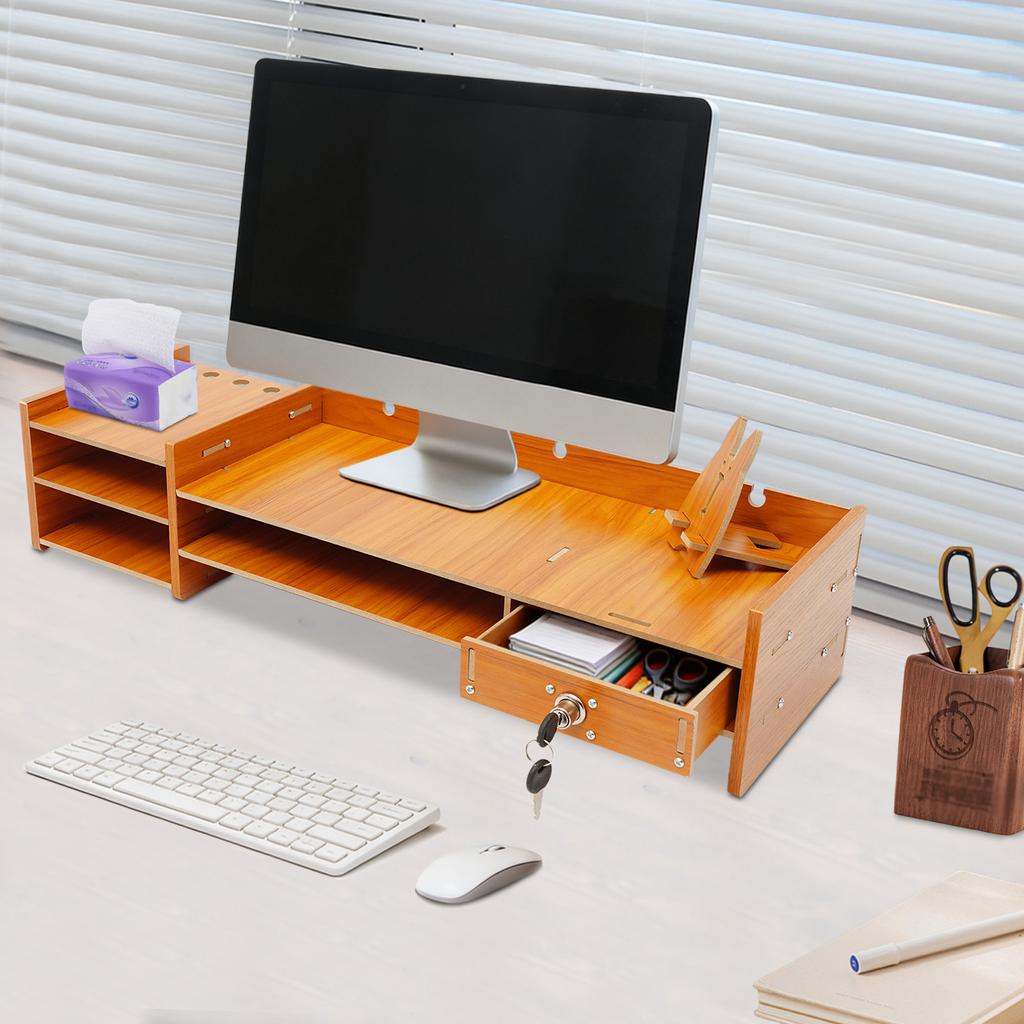 Современная деревянная подставка для монитора с запирающимся ящиком и держателем для телефона, компактный настольный органайзер из МДФ для дома и офиса, простая сборка