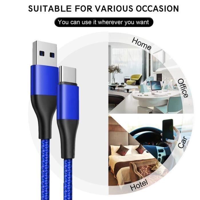 2 Câbles USB-C Charge Rapide 3A pour Google Pixel 9 - 9 Pro - 8 - 8a - 8 Pro - 7 - 7a - 7 Pro - 6 - 6 Pro - Nylon Tressé 1M Bleu