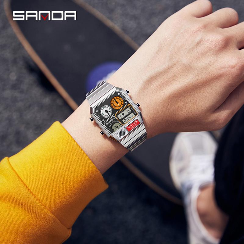 Мужские цифровые LED-часы SANDA 3192 Квадратный циферблат Двойной дисплей Многофункциональные Измерение температуры Спортивные мужские наручные часы Подарок