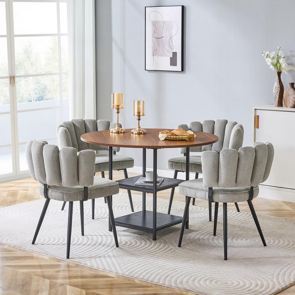 Table and Chair Set, Round 107 cm Dining Table in Walnut Look, Double Storage Level, 4 Gray Textured Fabric Dining Chairs, Flower-Shaped Backrest