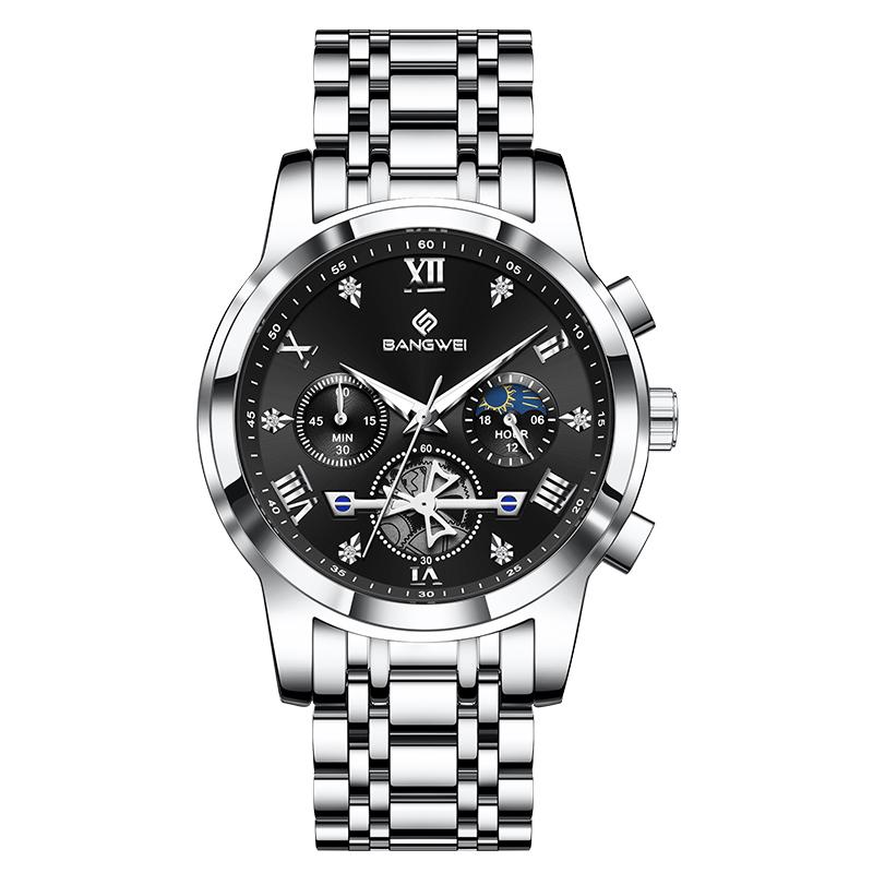BANGWEI TOP Business Clock Luminous Fashion Men's Watch Moon Phase Sports Male Watch Casual Watches Gift For Men reloj+BOX