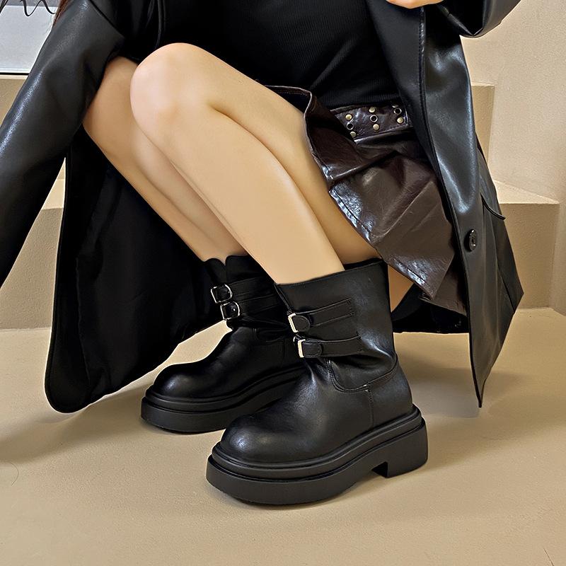Кожаная модная пряжка ремня платформа на танкетке ботильоны в стиле локомотив женские осенне-зимние новые полусапоги средней высоты из кожи сапоги-рыцари