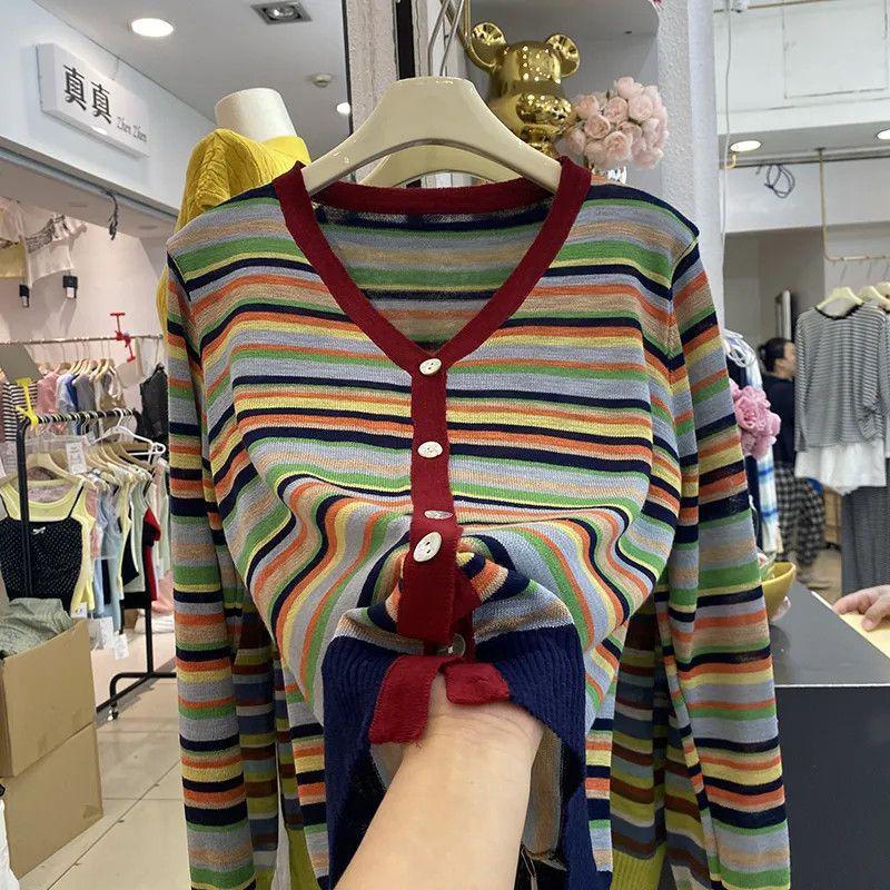 Contrasting Color Rainbow Stripe Knitted Cardigan Autumn and Winter New Fashion Temperament Age-reducing and Thin Long-sleeved Sweater