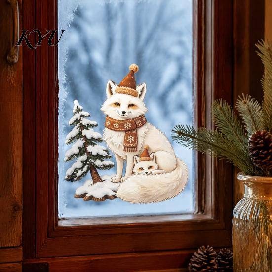 Winter Atmosphere Sticker Christmas Fox Window Clings, Forest Animal Double-Side Sticker, Cute Graphics Reusable Static Glass Decals for Holiday