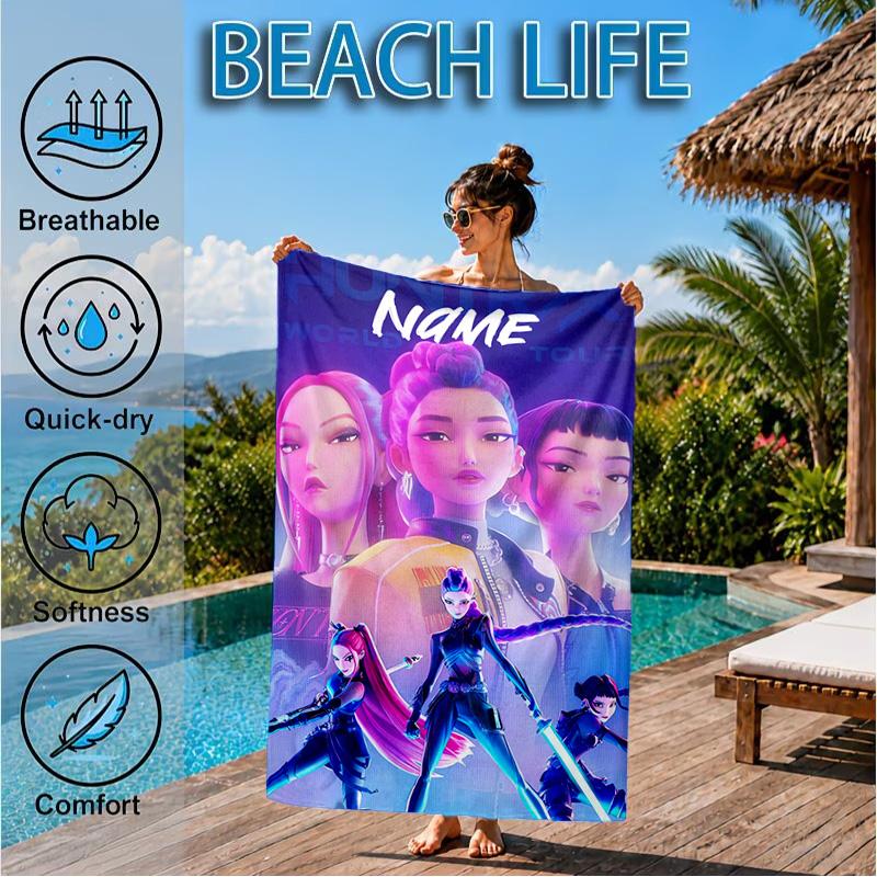 Custom Name Neon Future Heroes KPop Beach Towel Microfiber Beach Towel, Lightweight and Quick-Dry, for Summer Travel, Swimming Pool Gift