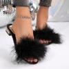 Мода 2025 Новые женские тапочки Уличный банкет Простые сандалии Летние тапочки с открытым носком Модные плюшевые тапочки из лисьего меха Сексуальная обувь Шлепанцы Женские
