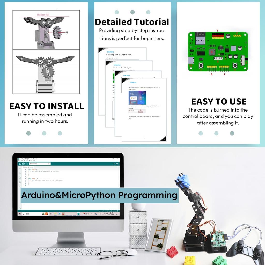 SIYEENOVE ESP32 Роботизированная рука Комплект для Arduino MicroPython с японской PDF-инструкцией Роботизированная рука Джойстик и Веб-приложение Портативная 4DF Образовательный Настольный