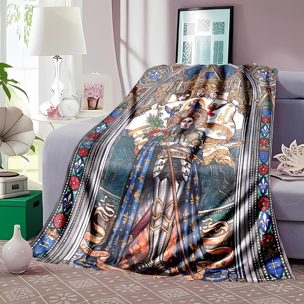 1PC Stained glass art of saint Faith-printed Flannel Blanket Soft and Warm Suitable for Home Travel Picnics Camping and RV Use