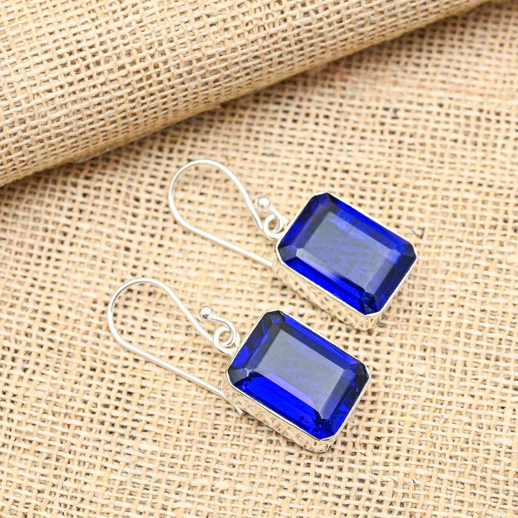 Blue Sapphire Lab-Created Gemstone Handmade 925 Solid Sterling Silver Jewelry Earrings