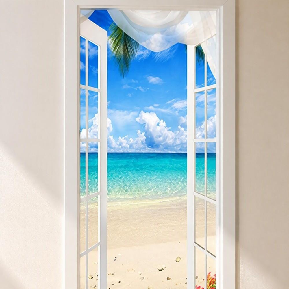 2PCS 3D Door Sticker Self Adhesive Door Cover Removable Vinyl Sticker Beach