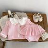 2024 Autumn Infant & Toddler Girls' Pink Knitted Jacket with Pink Ruffle Skirt Pants Set