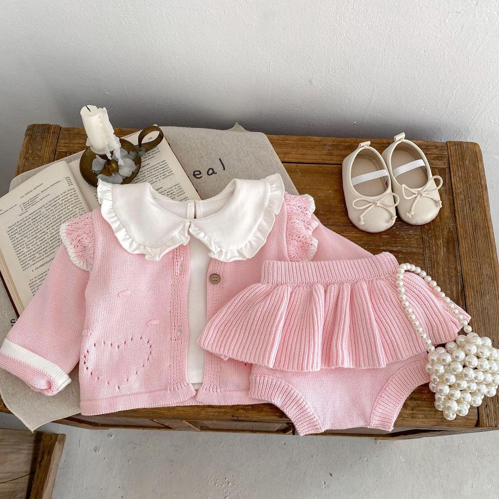 2024 Autumn Infant & Toddler Girls' Pink Knitted Jacket with Pink Ruffle Skirt Pants Set