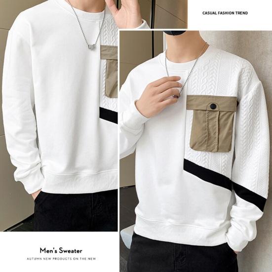 Осень-весна Мужская толстовка с круглым вырезом Аппликация Карман в стиле пэчворк Сплошной цвет с длинным рукавом Свободный пуловер Мягкий дышащий средней длины Мужской повседневный топ