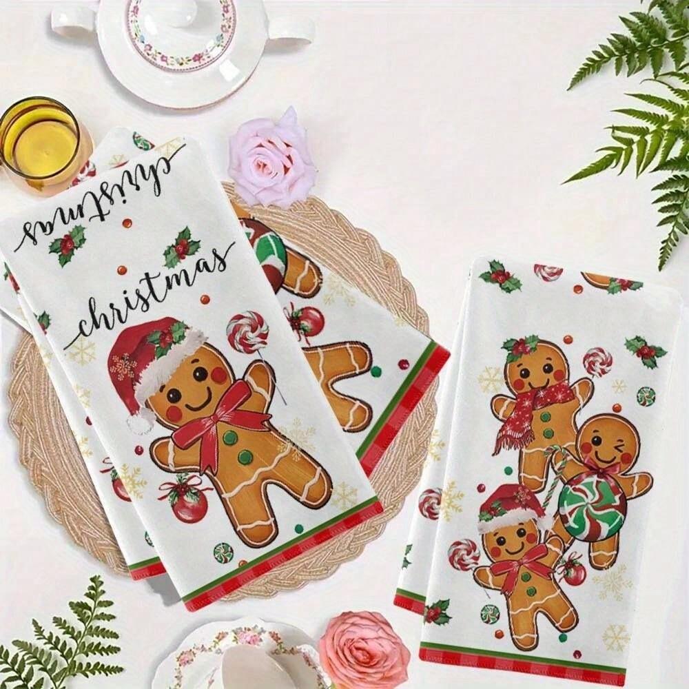 2 шт. Рождественские пряники для мужчины Кухонные полотенца - 40x60 см Праздничный дизайн в виде шапки и шарфа Санты, Прочные салфетки для мытья посуды к празднику