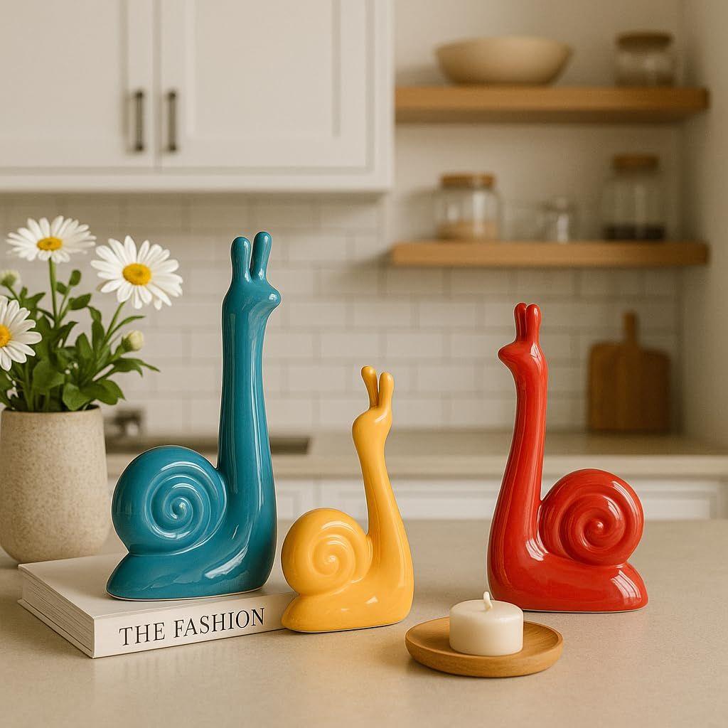 Modern Lucky Snail Family Ceramic Statues for Home Decor (Pack of 3, Multi-Coloured)